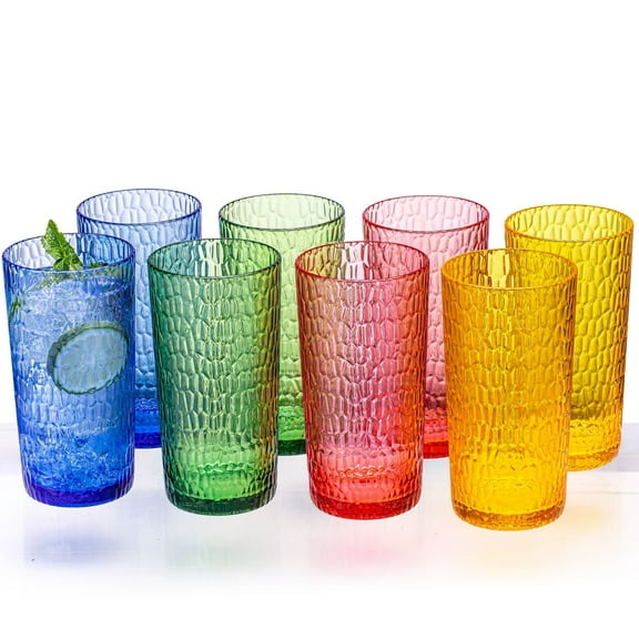 MIYOPESI 22oz Colorful Acrylic Glasses Drinkware (Set of 8), Honeycomb BPA-Free Shatter-Proof Plastic Tumblers
