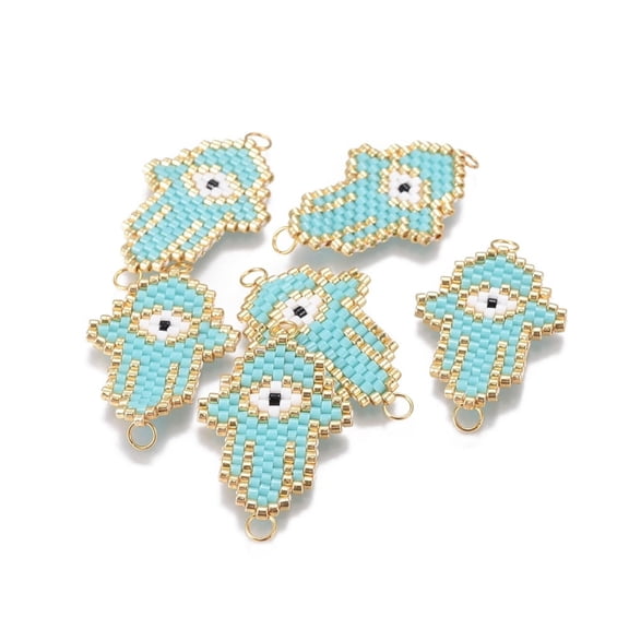 MIYUKI & TOHO Handmade Japanese Seed Beads Links Loom Pattern Hamsa Hand/Hand of Fatima/Hand of Miriam with Turquoise 28~28.5x20~20.5x1.7mm Hole: 2.5mm