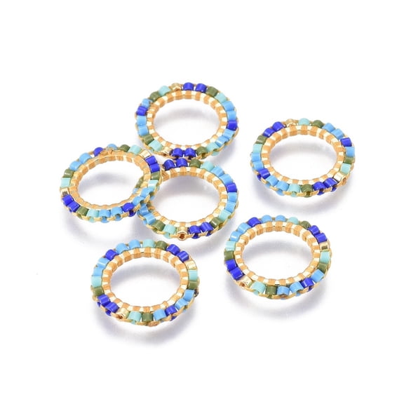 MIYUKI & TOHO Handmade Japanese Seed Beads with Brass Link Rings Loom Pattern Ring Golden Colorful 15~16x1.8mm DIY