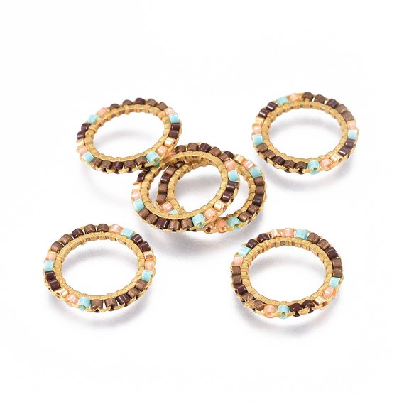MIYUKI & TOHO Handmade Japanese Seed Beads with Brass Link Rings Loom Pattern Ring Golden Colorful 15~16x1.8mm
