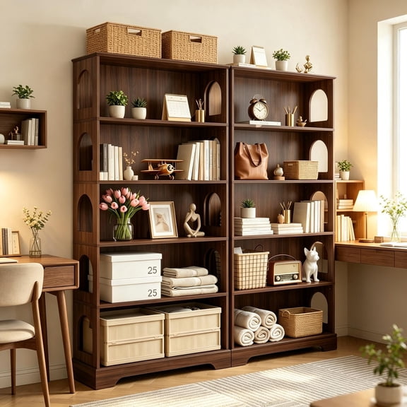 MIYZEAL 2Pack 5Shelf Freestanding Wooden Bookcase, Tall Open Storage Display Organizer with Arched Side Cutouts, Dark Walnut Finish Book Shelf Set for Home Office & Living Room
