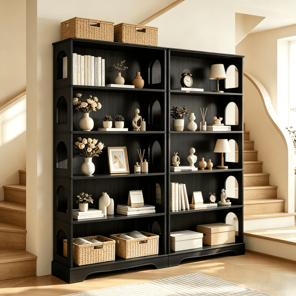 MIYZEAL 2Pack 5Shelf Freestanding Wooden Bookcase, Tall Open Storage Display Organizer with Arched Side Cutouts, Matte Black Finish Book Shelf Set for Home Office & Living Room