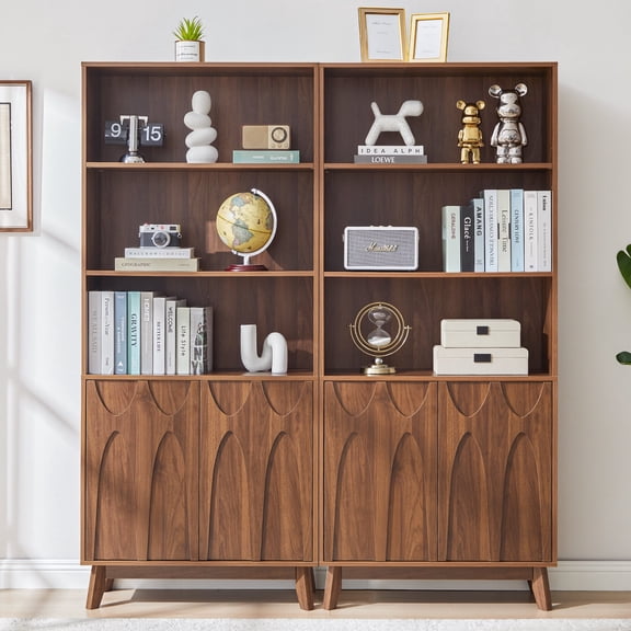 MIYZEAL 2-Piece 71" Tall Walnut Bookcase Set, 5-Tier Freestanding Bookshelf with Storage Cabinet & Adjustable Shelves, Mid-Century Display Cabinet for Living Room, Home Office