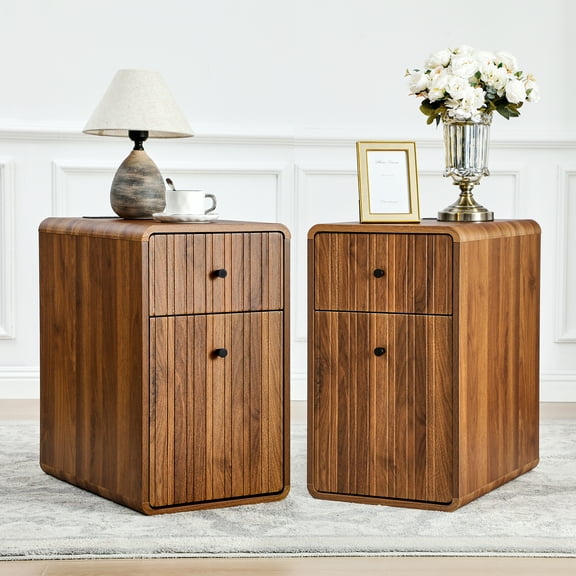 MIYZEAL 2 Set Slim End Table with Charging Station, Drawer & Storage Shelf, Modern Narrow Side Table for Small Spaces, Multifunctional Nightstand for Bedroom, Living Room & Home Office, Brown