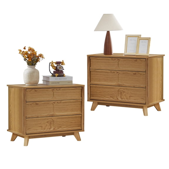 MIYZEAL 3 Drawer Dresser for Bedroom, Modern Wood Chest of Drawers & Set of 2 Nightstand - Farmhouse Rustic Storage Cabinet, Sturdy for Living Room, Office(Oak 2pcs)