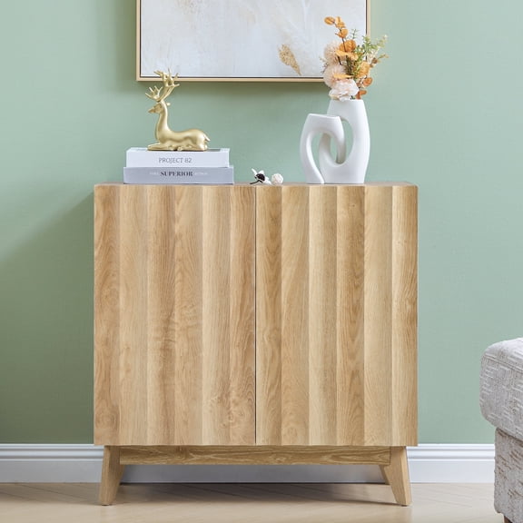 MIYZEAL 30.7" Fluted Sideboard & Buffet Cabinet, Oak Wood Storage Cabinet with 2 Doors & Adjustable Shelves, Mid Century Modern Credenza for Living Room, Kitchen, Entryway