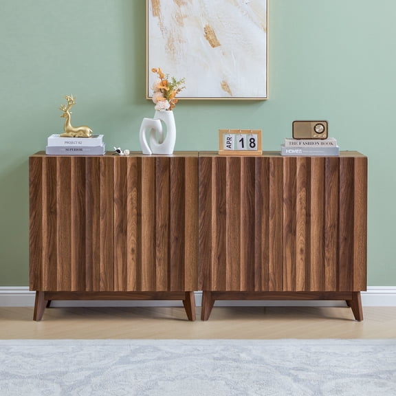 MIYZEAL 30.7" Fluted Sideboard & Buffet Cabinet, Set of 2 Walnut Wood Storage Cabinet with 2 Doors & Adjustable Shelves, Mid Century Modern Credenza for Living Room, Kitchen, Entryway