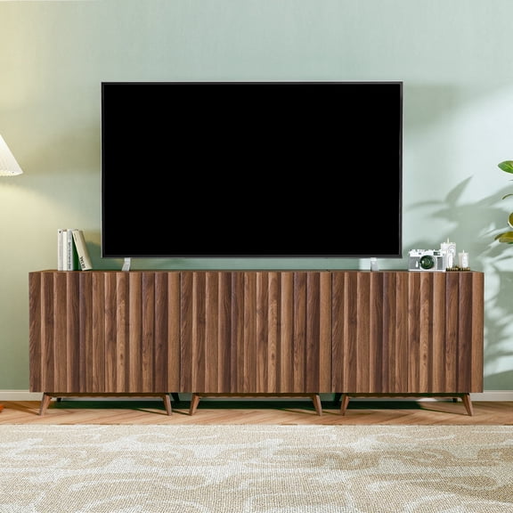 MIYZEAL 30.7" Fluted Sideboard & Buffet Cabinet, Set of 3 Walnut Wood Storage Cabinet with 2 Doors & Adjustable Shelves, Mid Century Modern Credenza for Living Room, Kitchen, Entryway