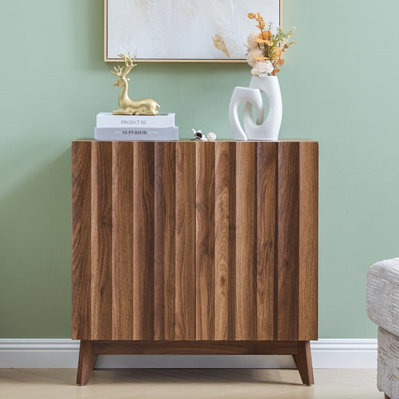 MIYZEAL 30.7" Fluted Sideboard & Buffet Cabinet, Walnut Wood Storage Cabinet with 2 Doors & Adjustable Shelves, Mid Century Modern Credenza for Living Room, Kitchen, Entryway
