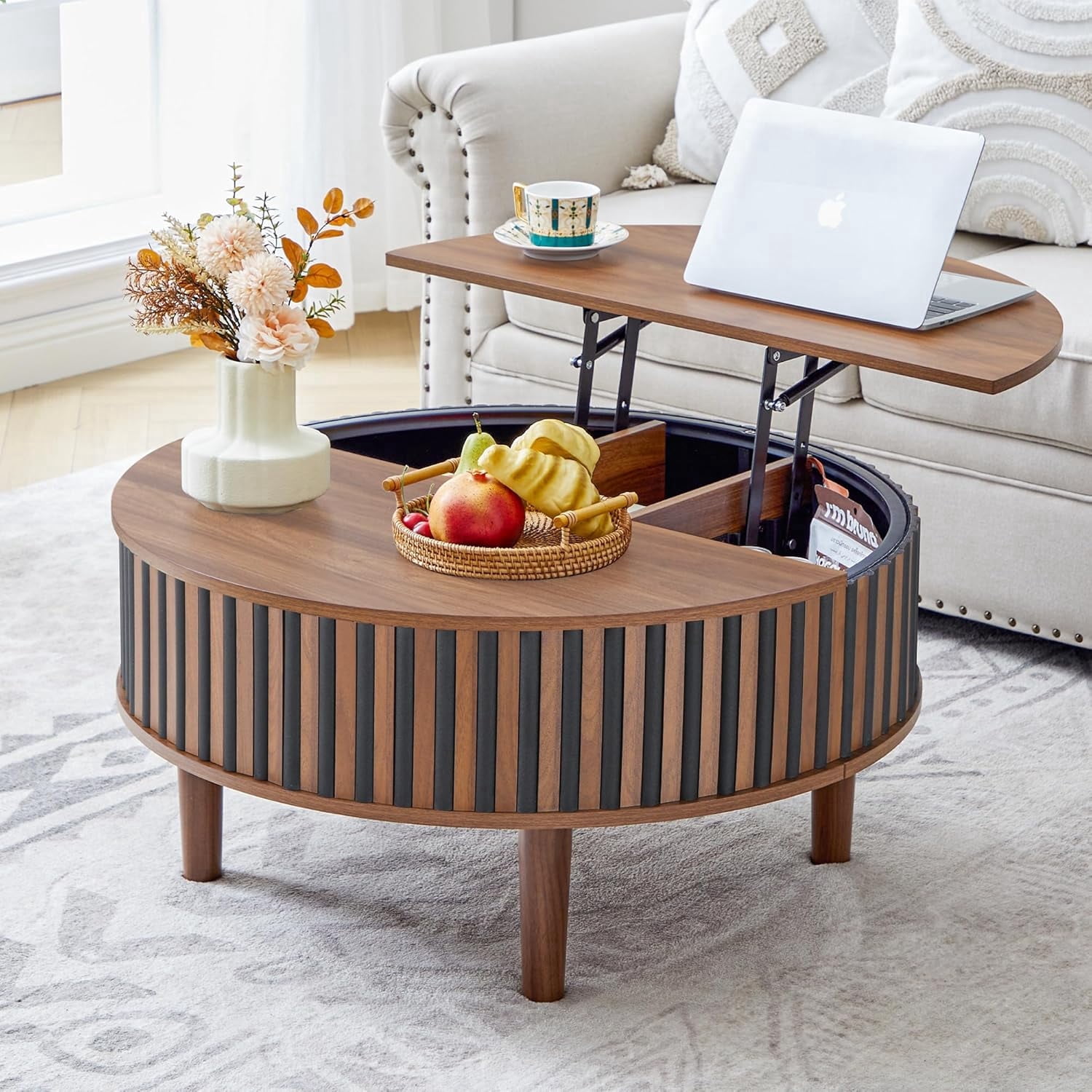 MIYZEAL 31.5" Round Lift Top Coffee Table with Storage, Fluted Mid Century Modern Wooden Center Table with Hidden Compartment, Coffee Table for Living Room, Apartment, Office（Walnut Black）