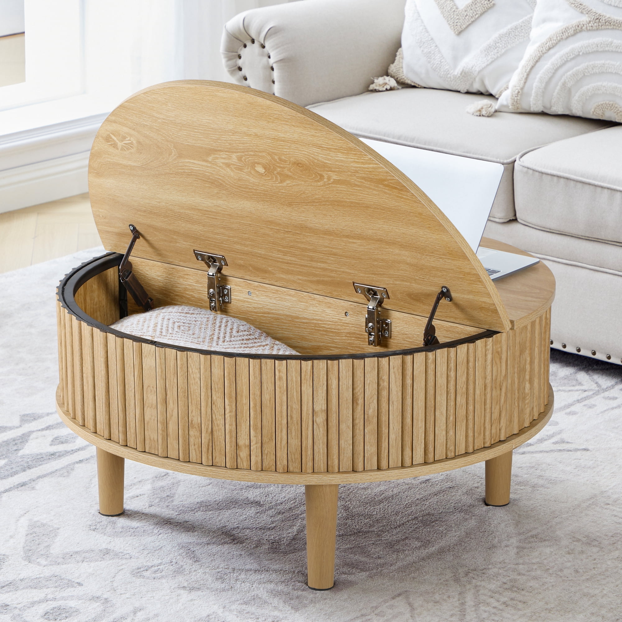 MIYZEAL 31.5" Round Lift Top Coffee Table with Storage, Fluted Mid Century Modern Wooden Center Table with Hidden Compartment, Coffee Table for Living Room, Apartment, Office（Oak）
