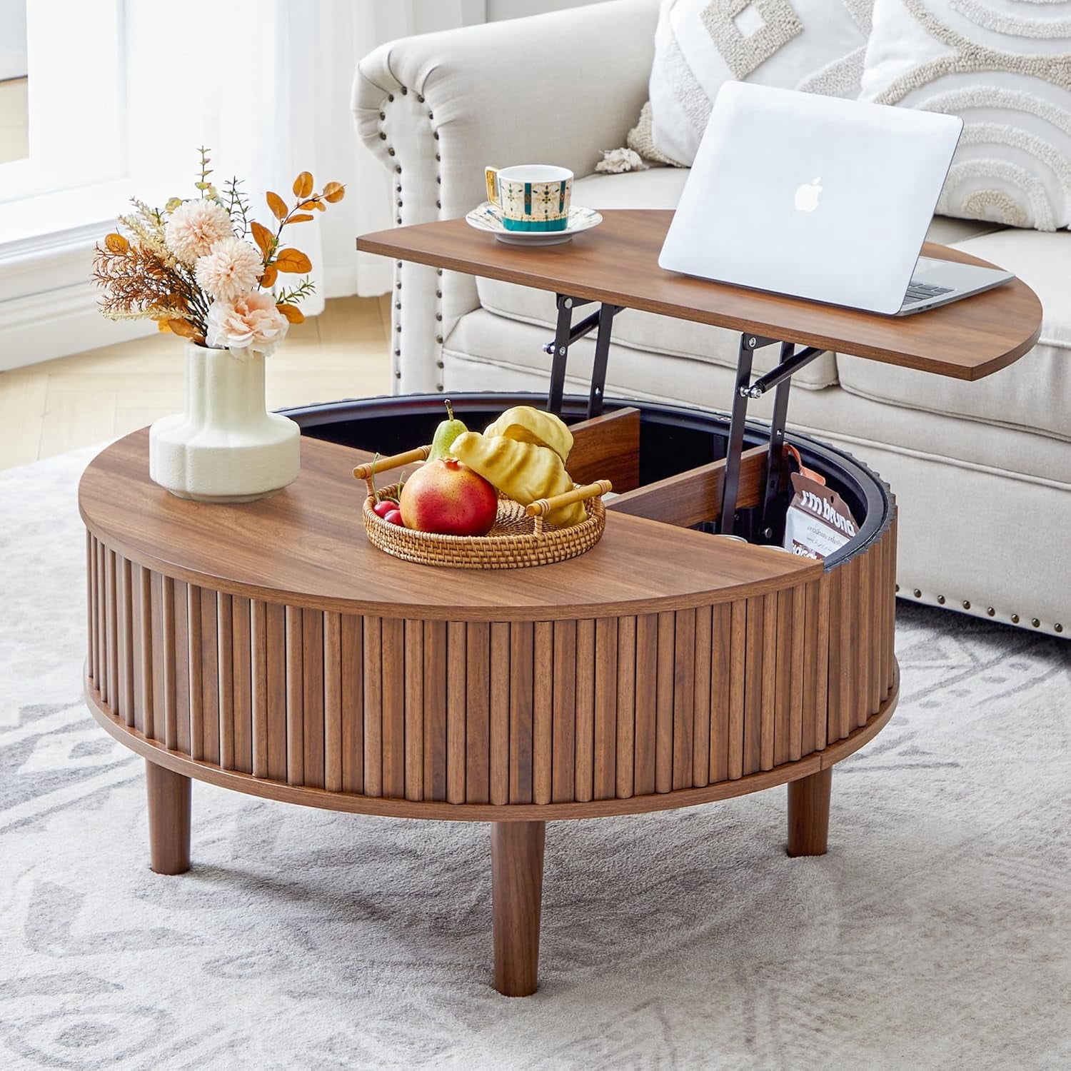 MIYZEAL 31.5" Round Lift Top Coffee Table with Storage, Fluted Mid Century Modern Wooden Center Table with Hidden Compartment, Coffee Table for Living Room, Apartment, Office（Walnut）