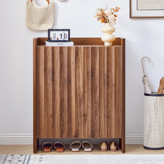 MIYZEAL 5-Tier Fluted Shoe Cabinet with Doors, Narrow Shoe Storage Organizer, Freestanding Hidden Shoe Rack for Entryway, Hallway (Walnut)