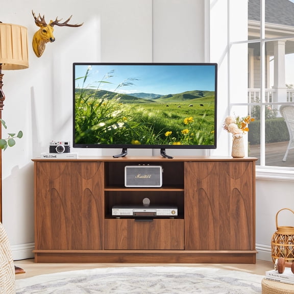 MIYZEAL 57" Walnut Irregular Corner TV Stand with 7 Storage Spaces, Modern Entertainment Center with Drawer & Cabinets, Media Console for TVs up to 65", Living Room