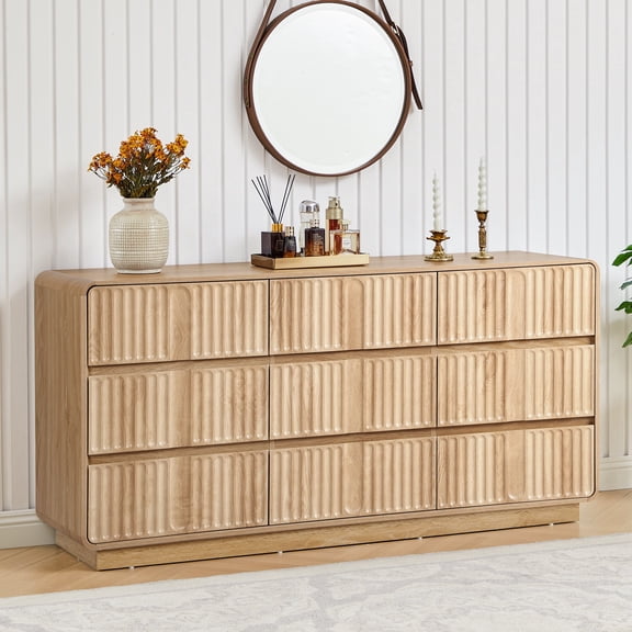 MIYZEAL 60" Wide 9-Drawer Fluted Dresser — Modern Curved-Corner Storage Chest for Bedroom & Living Room, Oak Wood TV Stand & Clothes Organizer