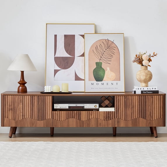 MIYZEAL 62.2" Walnut TV Stand with Storage, Mid-Century Fluted Entertainment Center with Drawer & Cabinets, Media Console for TVs up to 70", Living Room