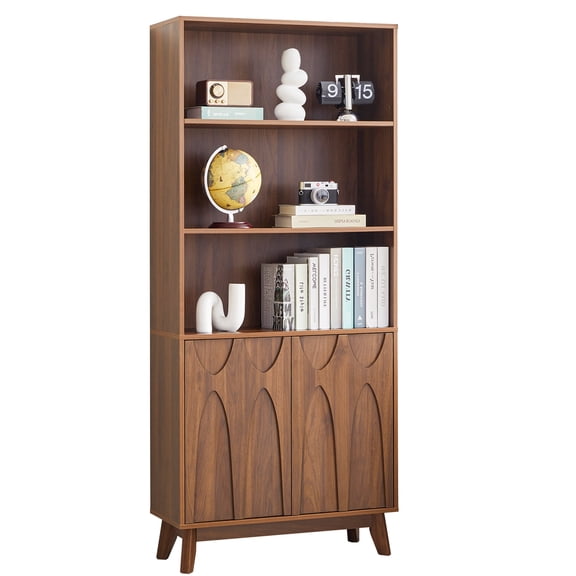MIYZEAL 71" Tall Walnut Bookcase, 5-Tier Bookshelf with Storage Cabinet & Adjustable Shelves, Mid-Century Freestanding Display Cabinet for Living Room, Home Office