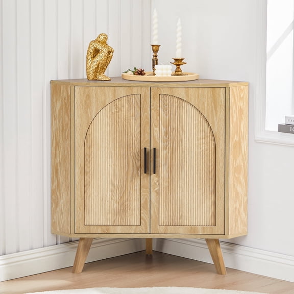 MIYZEAL Fluted Corner Cabinet with 2 Doors & Adjustable Shelves, Space-Saving Floor Storage Cabinet for Bathroom, Kitchen, Living Room, Modern Freestanding Organizer (Oak)