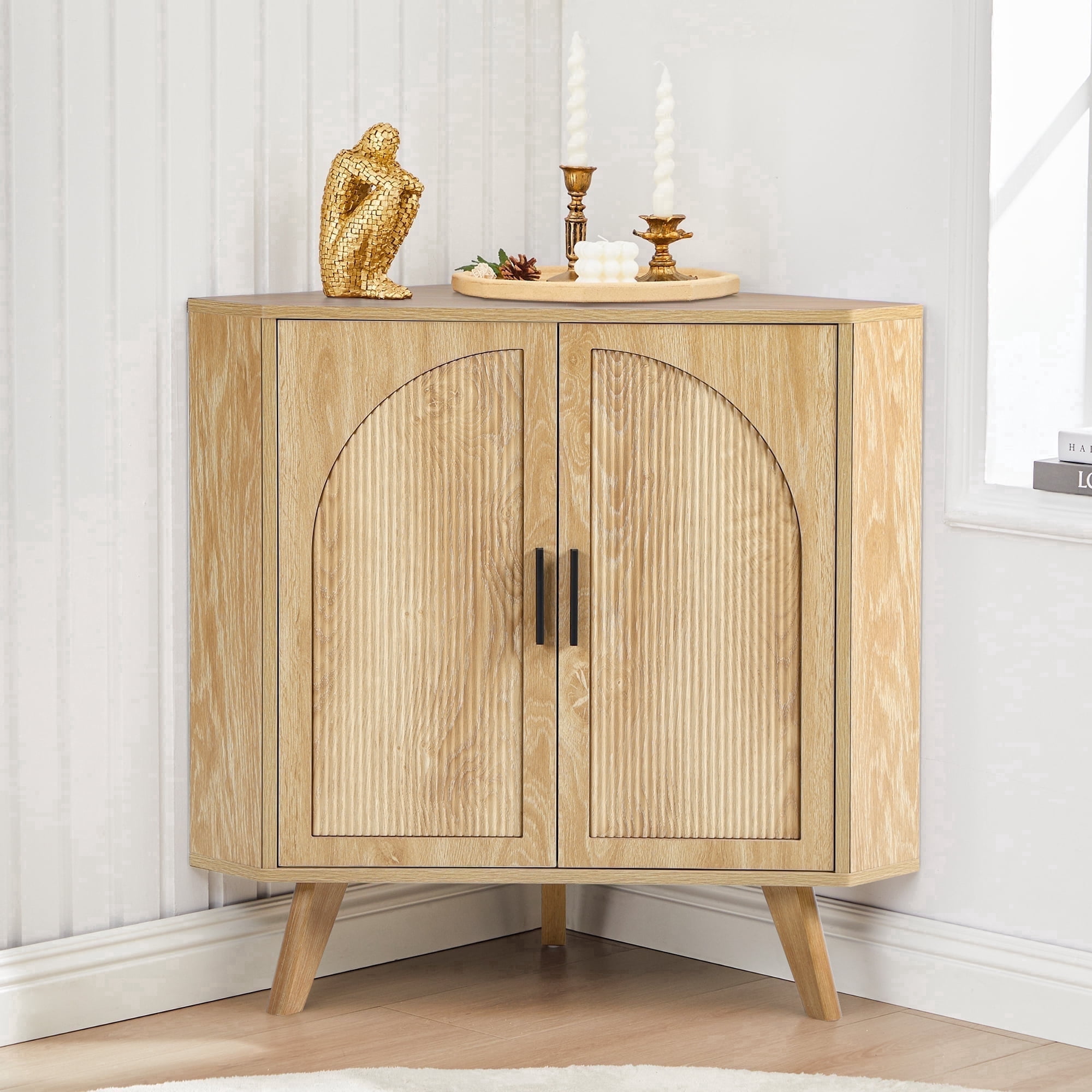 Fluted Corner Cabinet with 2 Doors & Adjustable Shelves, Space-Saving Floor Storage Cabinet for Bathroom, Kitchen, Living Room, Modern Freestanding Organizer (Oak)