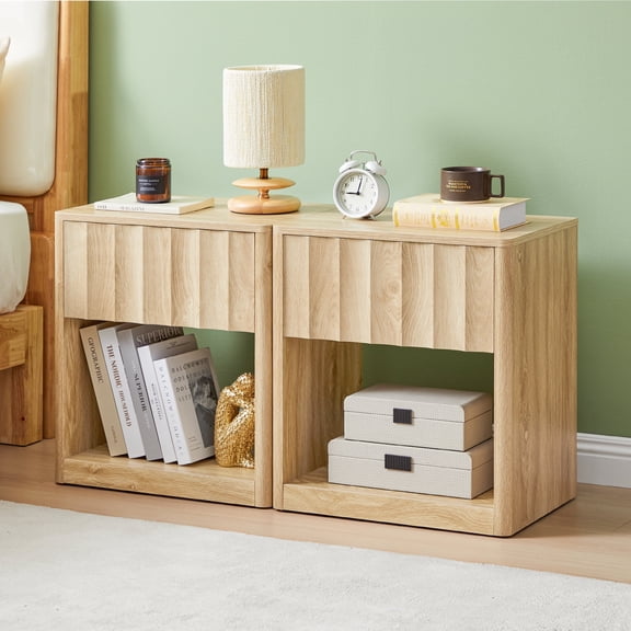 MIYZEAL Fluted Nightstand Set of 2 with Drawer, Mid Century Modern Bedside Table with Open Storage Shelf for Bedroom, Living Room, Office (Oak)