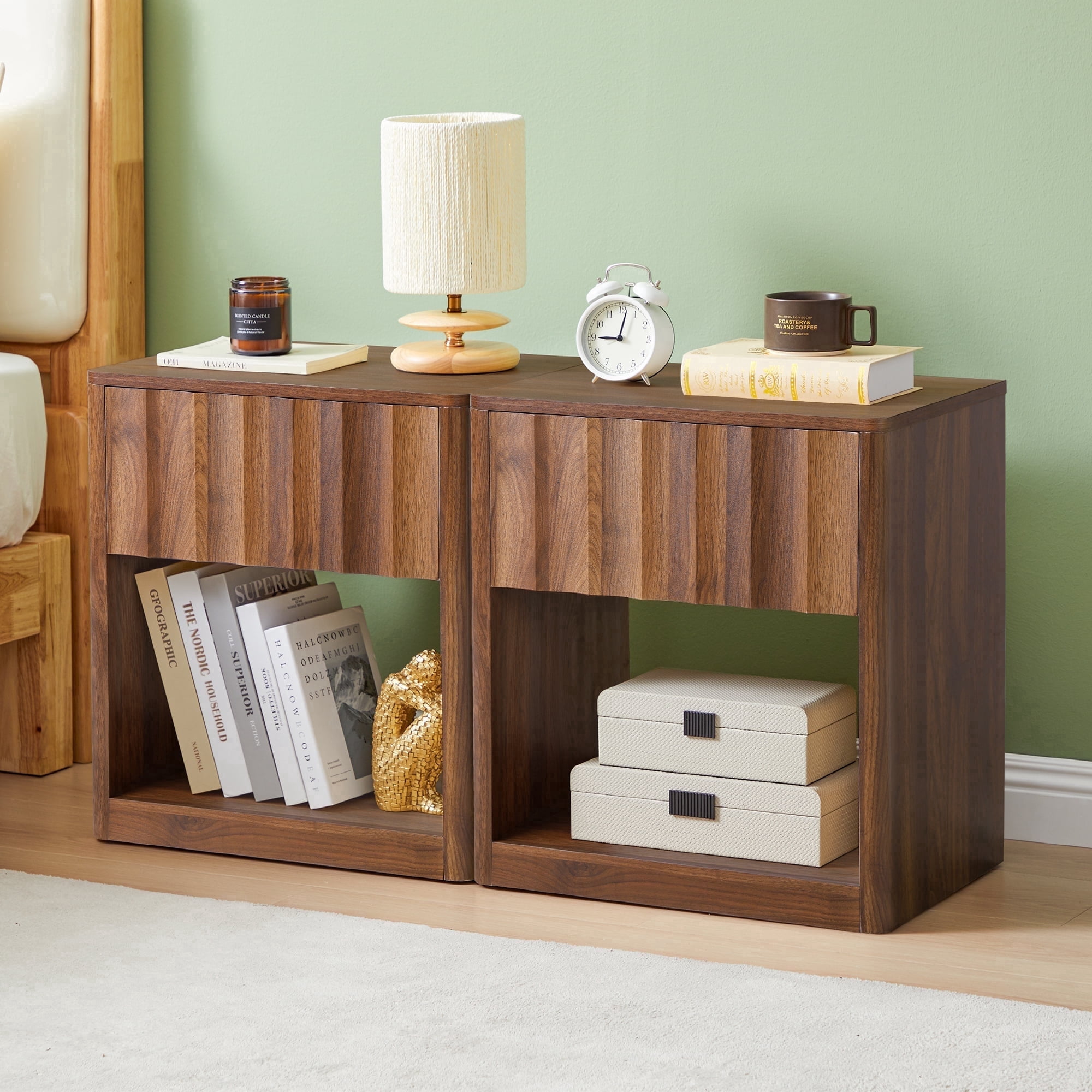 Fluted Nightstand Set of 2 with Drawer, Mid Century Modern Bedside Table with Open Storage Shelf for Bedroom, Living Room, Office (Walnut)