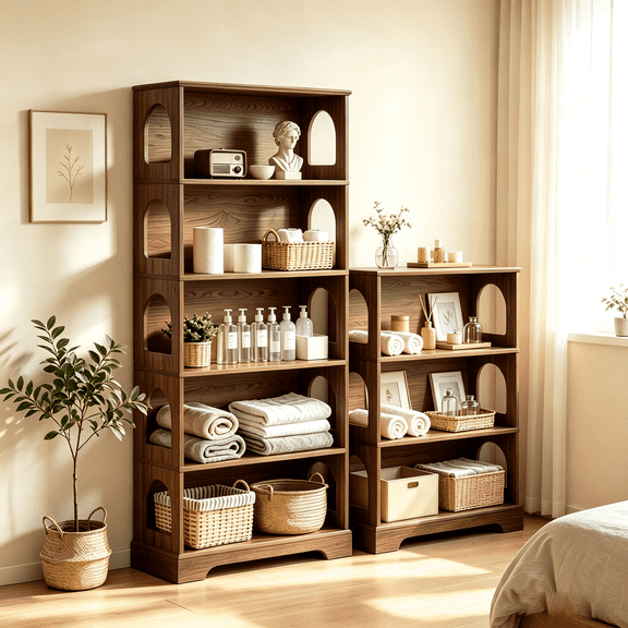 MIYZEAL Freestanding Wooden Bookcase, 3-Tier / 5-Tier Open Storage Display Shelf with Arched Side Cutouts, Dark Walnut Versatile Storage Organizer for Study, Bedroom, Living Room & Home Office