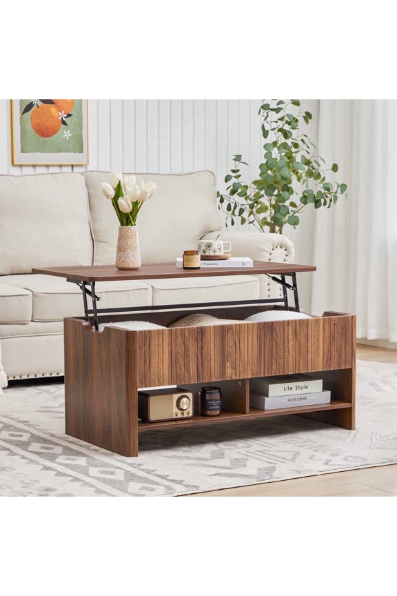 Lift Top Coffee Table with Hidden Storage and Open Shelf, Mid Century Modern 35.4" Fluted Rectangle Center Table with 2 Compartments & Cabinet-Walnut