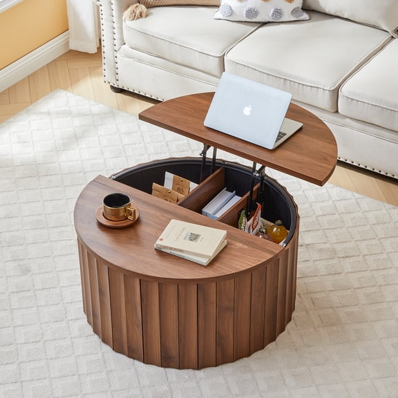 MIYZEAL Lift-Top Coffee Table with Hidden Storage, Walnut Oval Fluted Coffee Table for Living Room