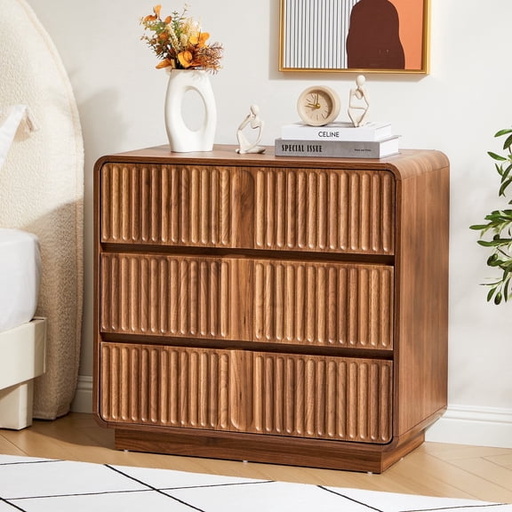 MIYZEAL Mid-Century Modern Fluted 3-Drawer Wood Dresser with Curved Profile & Anti-Tip, Walnut Storage Cabinet for Bedroom or Living Room (31.5"W)