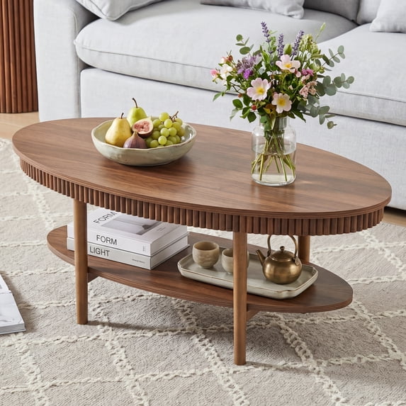 MIYZEAL Mid-Century Walnut Oval Coffee Table, Fluted Edge 2-Tier Wooden Coffee Table for Home & Office
