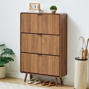 MIYZEAL Modern 47" Fluted Shoe Cabinet with 3 Flip Drawers   Adjustable Shelves & Hidden Storage, Narrow Shoe Organizer for Entryway, Walnut