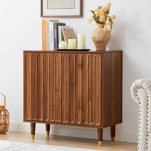 MIYZEAL Modern Fluted Sideboard Buffet Storage Cabinet, 2-Door Mid Century Credenza with Adjustable Shelves, 31" Wide Wooden Accent Cabinet for Living Room (Walnut)