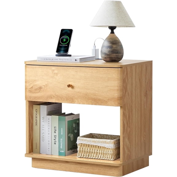 Modern Nightstand with Charging Station, 23 Inch Wide Bedside Table with Drawer and Open Cabinet, Curved Design for Bedroom, Living Room, Oak-1PC