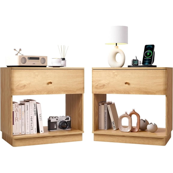 MIYZEAL Modern Nightstand with Charging Station, 23 Inch Wide Bedside Table with Drawer and Open Cabinet, Curved Design for Bedroom, Living Room, Oak-2PCS