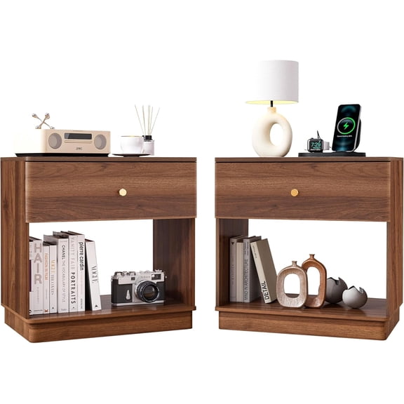 MIYZEAL Modern Nightstand with Charging Station, 23 Inch Wide Bedside Table with Drawer and Open Cabinet, Curved Design for Bedroom, Living Room, Walnut-2PCS