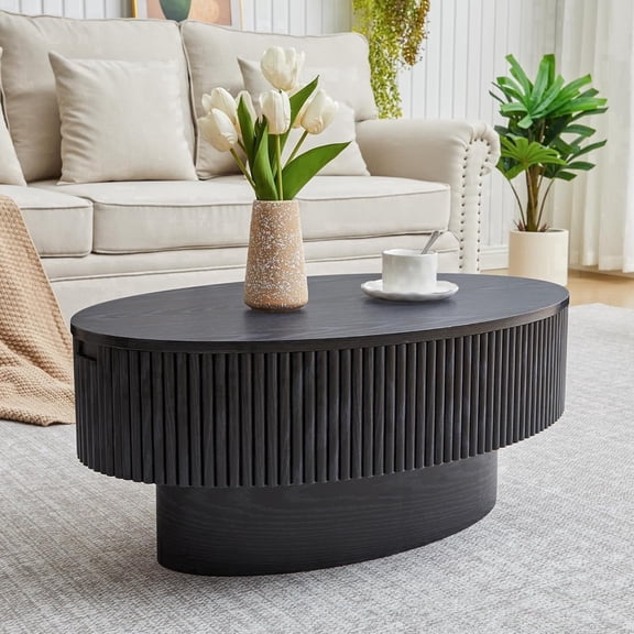 Modern Oval Coffee Table with Hidden Storage & Lift Top, 31.5 Inch Fluted Drum Design Center Table, Solid Wood Veneer Accent Tea Table for Small Space Living Room Apartment (Black)