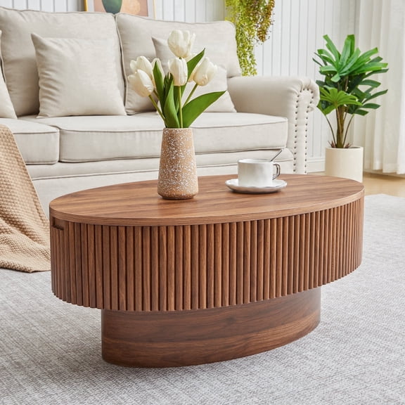 Modern Oval Coffee Table with Hidden Storage & Lift Top, 31.5 Inch Fluted Drum Design Center Table, Solid Wood Veneer Accent Tea Table for Small Space Living Room Apartment (Walnut)