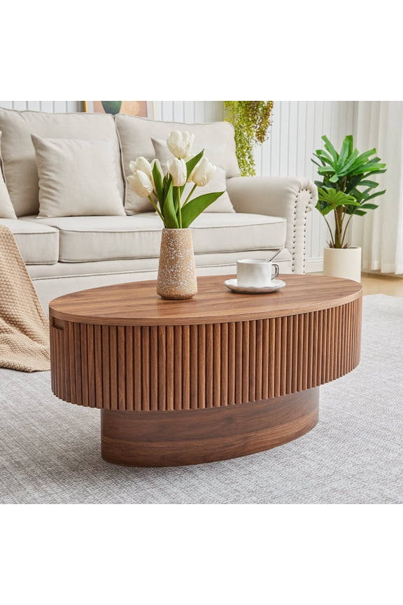 Modern Oval Coffee Table with Hidden Storage & Lift Top, 31.5 Inch Fluted Drum Design Center Table, Solid Wood Veneer Accent Tea Table for Small Space Living Room Apartment (Walnut)