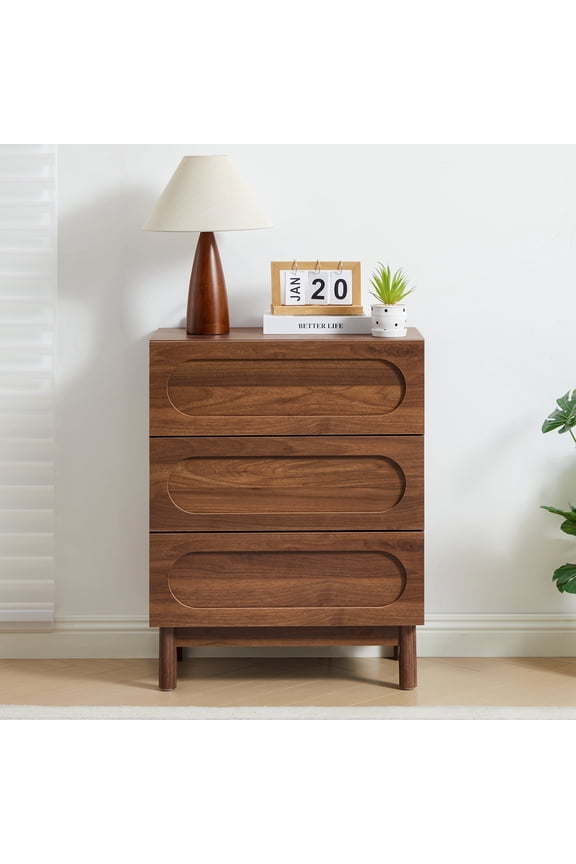 Modern Wood Chest of 3 Drawers Bedroom Dresser, Wide Storage Cabinet & Contemporary Nightstand for Adults Walnut Finish Bedside Furniture
