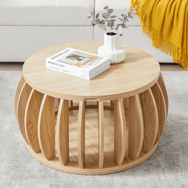 MIYZEAL Round Coffee Table with Storage, Mid Century Modern Coffee Table, Openwork Small Center Table for Living Room, 31.5" Drum Wood Coffee Table (Oak)