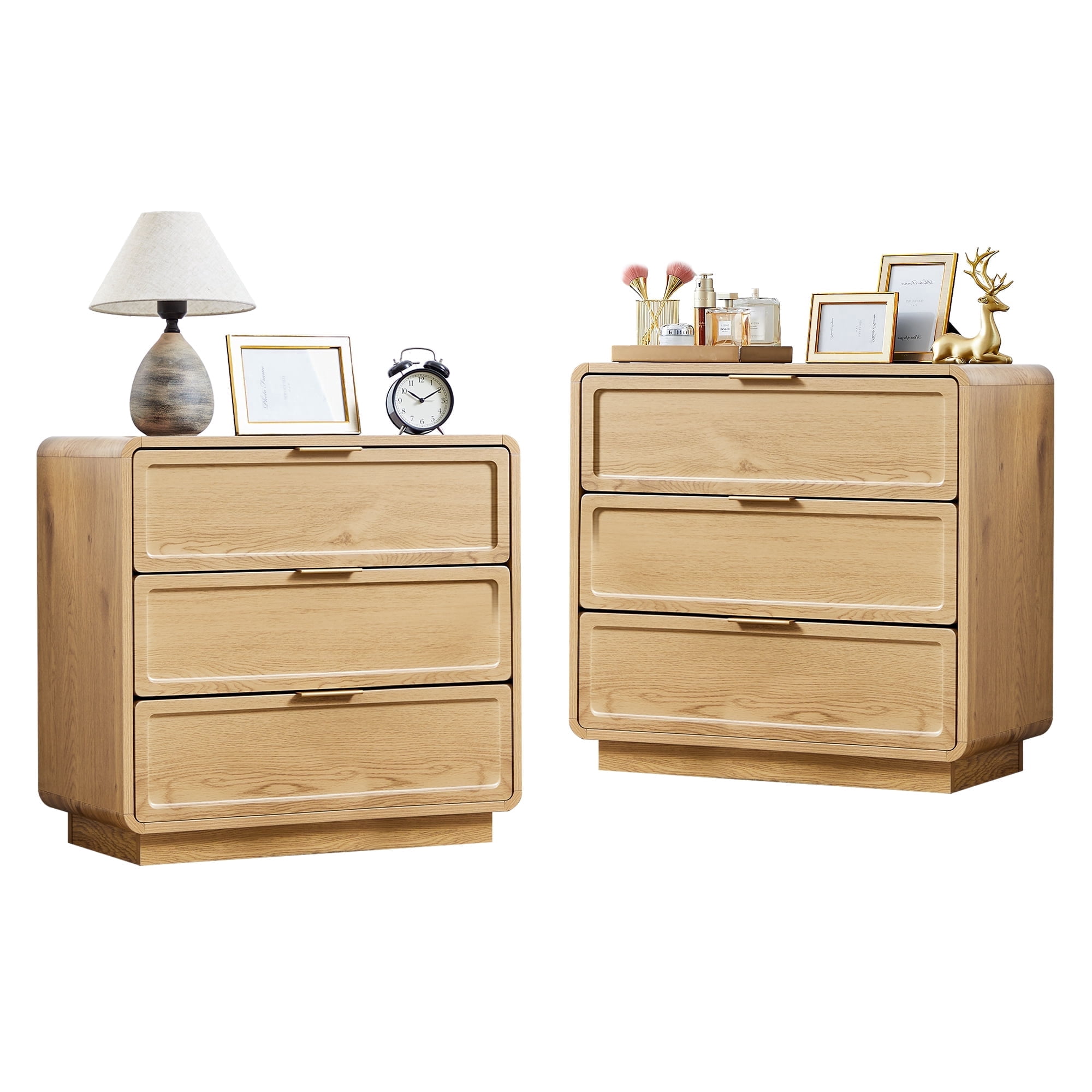 Set of 2 Mid-Century Modern 3-Drawer Dresser & Nightstand, Wood Storage Cabinet for Bedroom, Living Room or Entryway, Farmhouse Bedside Table, Oak