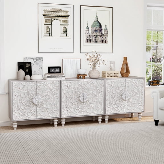 MIYZEAL Vintage French Style Accent Cabinet with Storage, 30.7" Sideboard Buffet Cabinet with 2 Floral Carved Doors & Distressed Design, Hallway, Dining Room, Antique White 3PCS