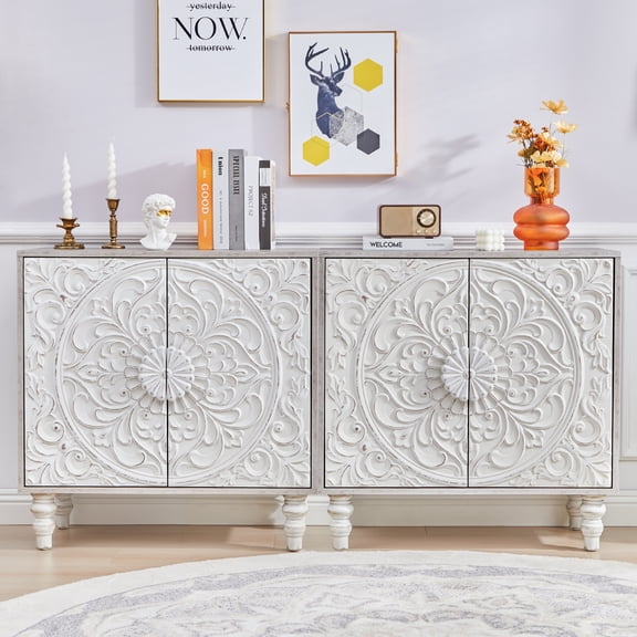 MIYZEAL Vintage French Style Accent Cabinet with Storage, 30.7" Sideboard Buffet Cabinet with 2 Floral Carved Doors & Distressed Design, Hallway, Dining Room, Antique White 2PCS