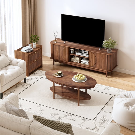 MIYZEAL Walnut Finish 3 Piece Occasional Table Set, Includes Fluted Wood TV Stand, Oval Storage Coffee Table and 2-Drawer End Table for Apartment Living Room