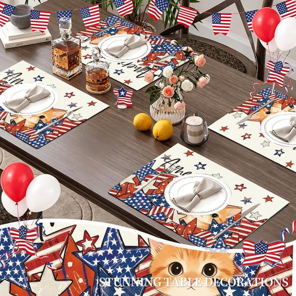 MIZHONA 4th of July Placemats Set of 4 Funny Cat American Flag Table Place Mats Patriotic Decorations 12x18 inch