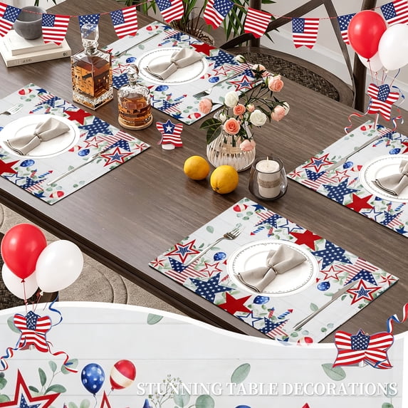 MIZHONA 4th of July Placemats Set of 4 Leaves Patriotic Independence Table Place Mats Decorations 12x18 inch