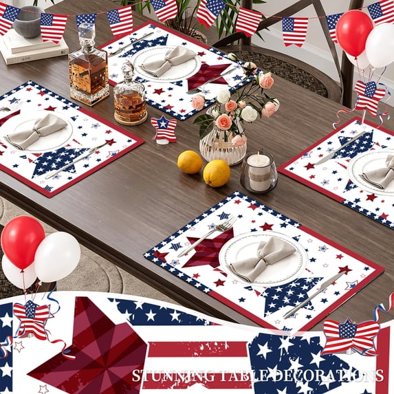 MIZHONA 4th of July Placemats Set of 4 Star Patriotic Independence Table Place Mats Decorations 12x18 inch