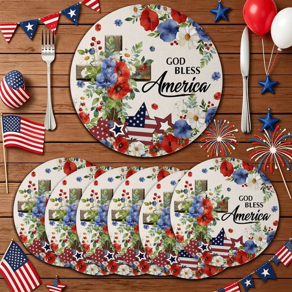MIZHONA 4th of July Round Placemats Set of 6,Floral American Flag Independence Table Place Mats 14 inch