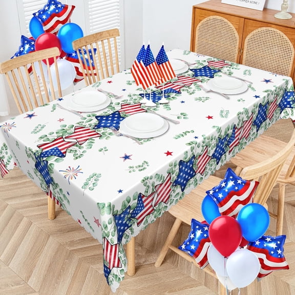 MIZHONA 4th of July Tablecloth Eucalyptus Star Independence Day Rectangle Table Cloth for Kitchen,Party,54" x 72"