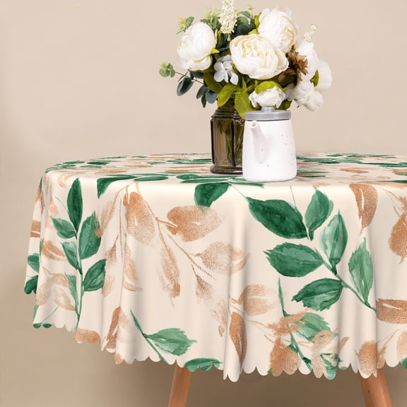 MIZHONA Beige Tablecloth Round,Green Leaves Table Cloth for Round Table,Kitchen Party Outdoor Decor,72"